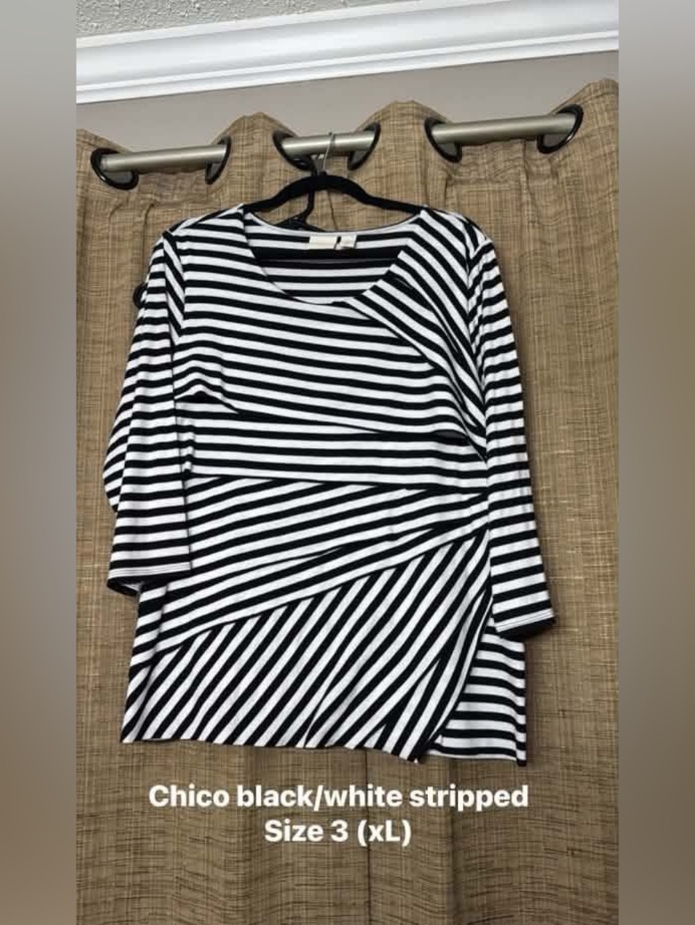 Chico's Black and White Diagonal Stripe Long Sleeve Top